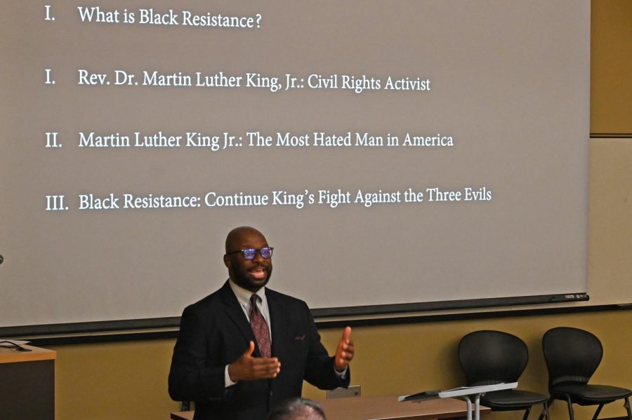 Dr. Darryl Howard, a Dallas College professor, talks to students during a presentation titled The Black Resistance of Dr. Martin Luther King Jr at the North Lake Campus.