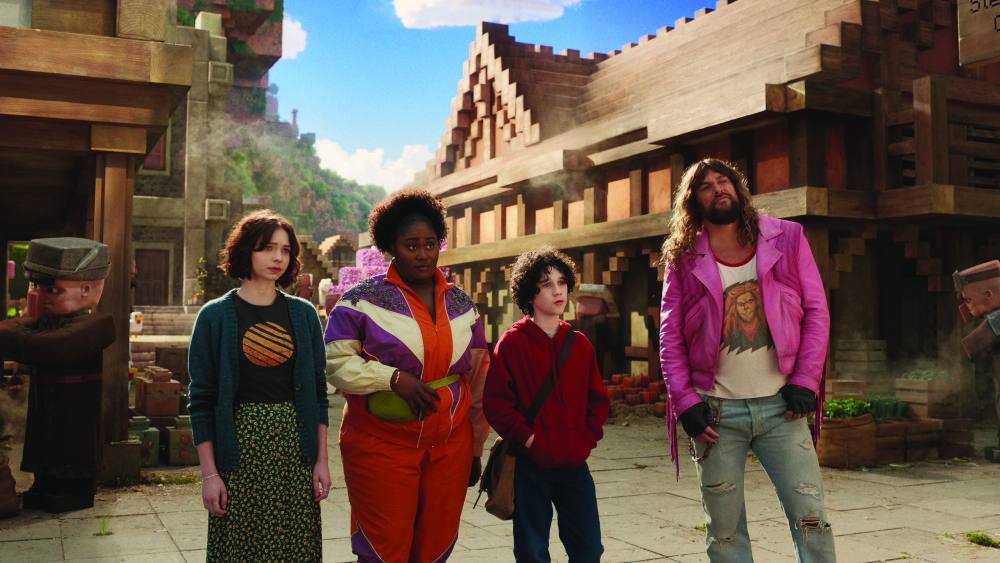 From left to right Emma Myers, Danielle Brooks, Sebastian Hansen, Jason Momoa in the Minecraft movie.