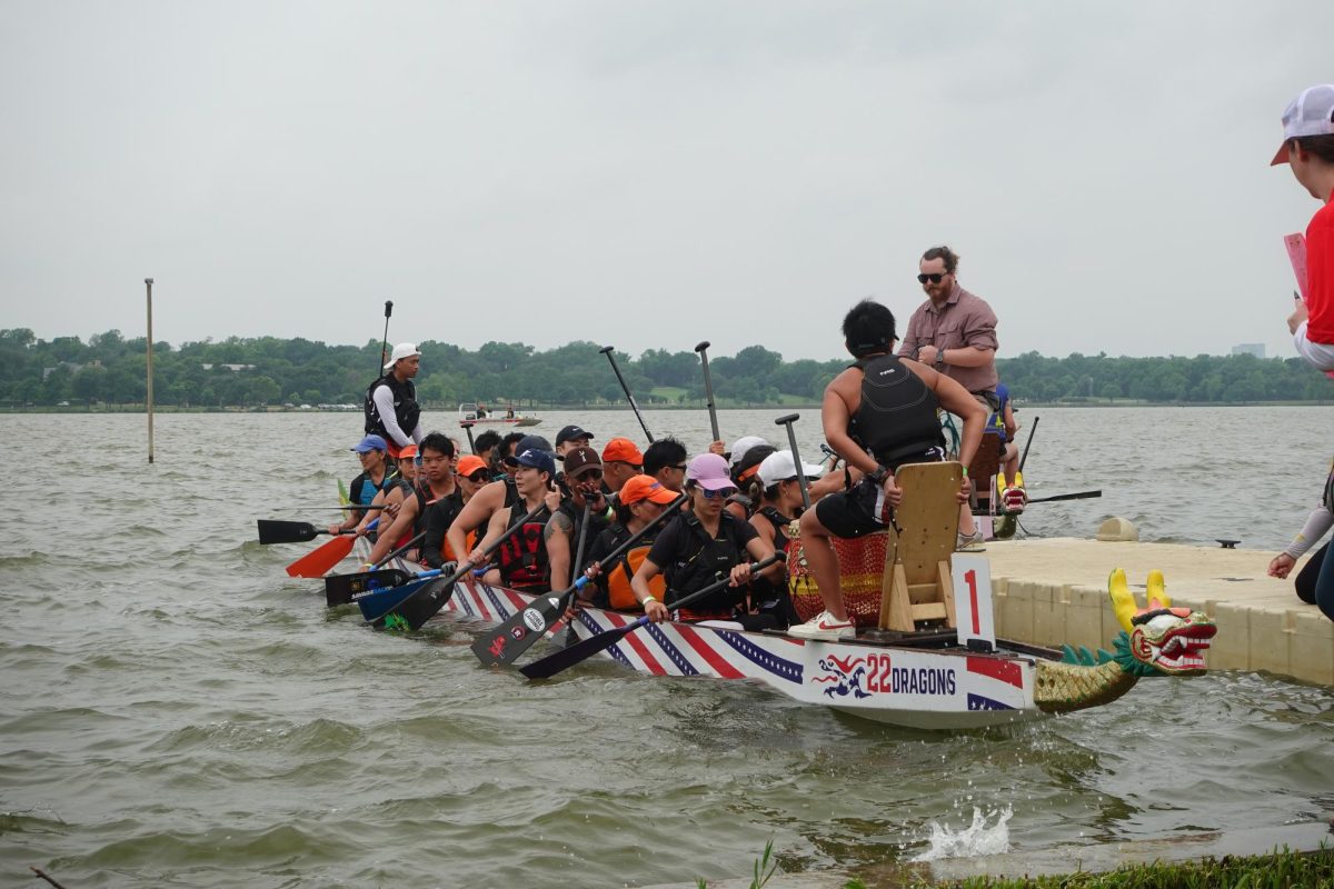 Dragon boats slicing through the water, teamwork in motion