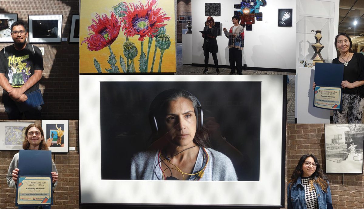 (Left top to right top) Jose Guiterrez with his piece, “Curiosity”; Becky Choo’s, “Sunrise Poppies”;People presenting the awards; Takako Martinez’s ceramic, “Dinner Fountain”;
(Left bottom to right bottom) Anthony Kirkland’s “Farewell Friend”;Best of Show winner, “Solace”, made by Mayra Caracheo; Norma Soto’s “There is Life Around Me.