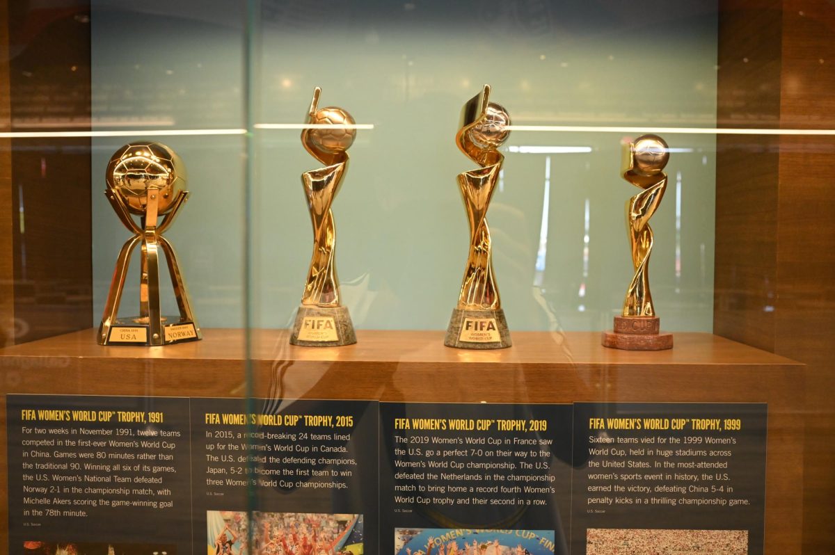 Four FIFA women’s World Cup trophies, showcasing the U.S. Women’s National Team’s
legacy of winning in 1991, 1999, 2015 and 2019, are displayed at the National Soccer
Hall of Fame in Frisco.
