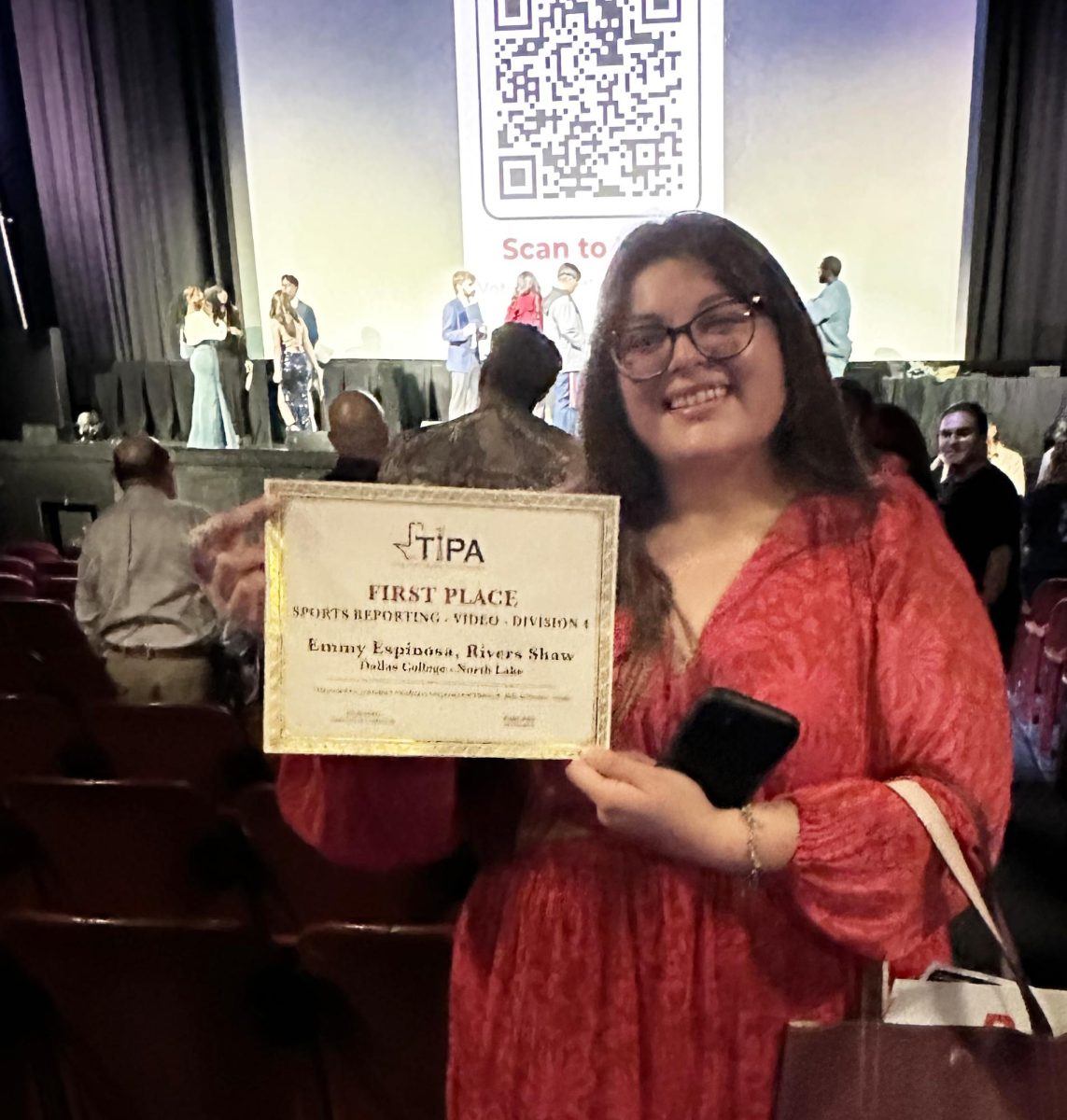 Emmy Espinosa received first place award for Sports Reporting Video at the Texas Intercollegiate Press Association (TIPA) conference. She received her certificate at the Video Showcase May 19 at the Texas Theatre.