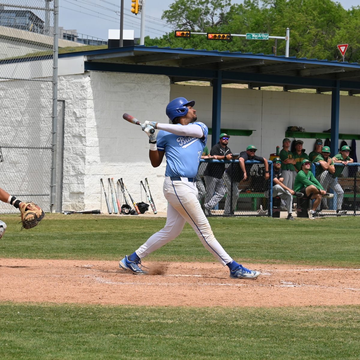 Outfielder Cyler Moore connects for a hit in the Blazers’ 9-1 rout of Richland. Moore
finished the day with three RBIs as North Lake snapped a three-game losing streak